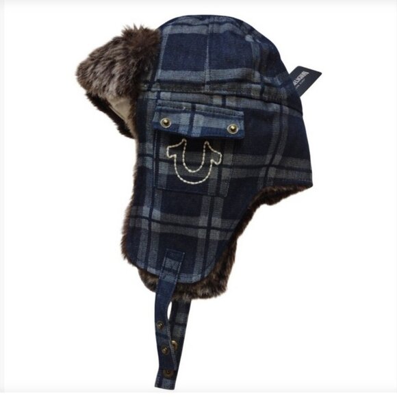 True Religion Blue Denim Trapper Hat with Faux Fur - Picture 1 of 4
